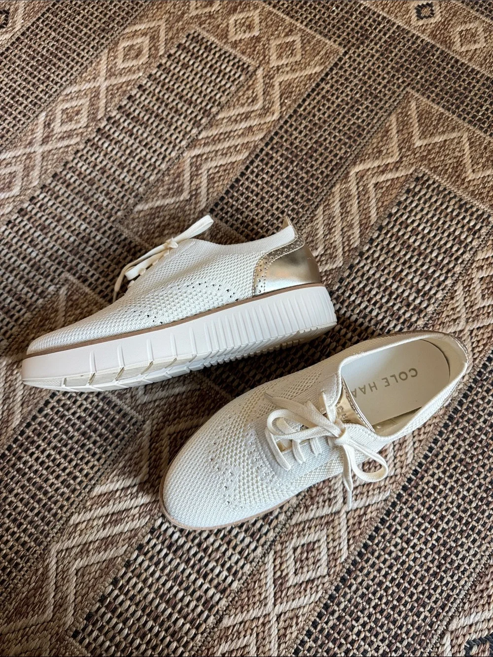 COLE HAAN Grand City Platform Stitchlight Oxford Sneaker Ivory Knit Gold Sz 6.5